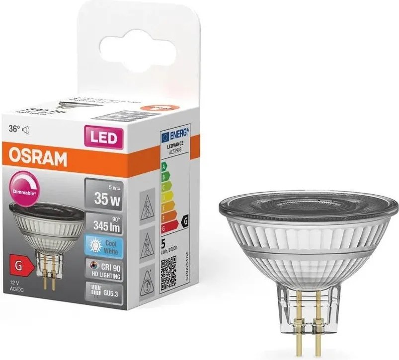Lampadina LED dimmerabile MR16 GU5,3/5W/12V 4000K 36° CRI 90 - Osram