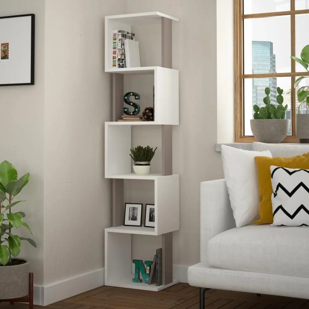 Libreria Moderna 161x35x30 cm Scaffale Modulare 5 Ripiani in MDF Bianco e Tortora...