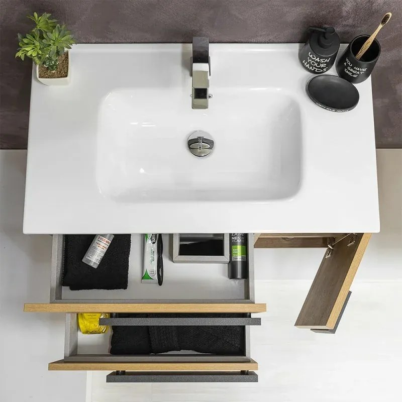 Mobile Bagno Sospeso Effetto Legno 80x47 cm con Specchio Tondo