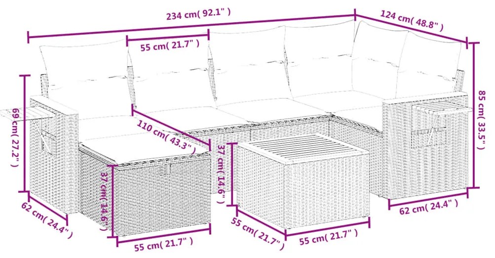 Set divani da giardino 7 pz con cuscini grigio in polyrattan