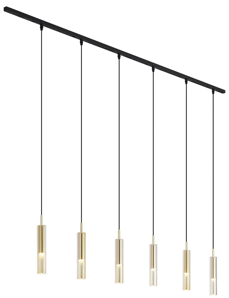 Sistema di illuminazione a binario moderno nero con 6 luci a sospensione oro con vetro ambrato monofase - Slimline Loyce