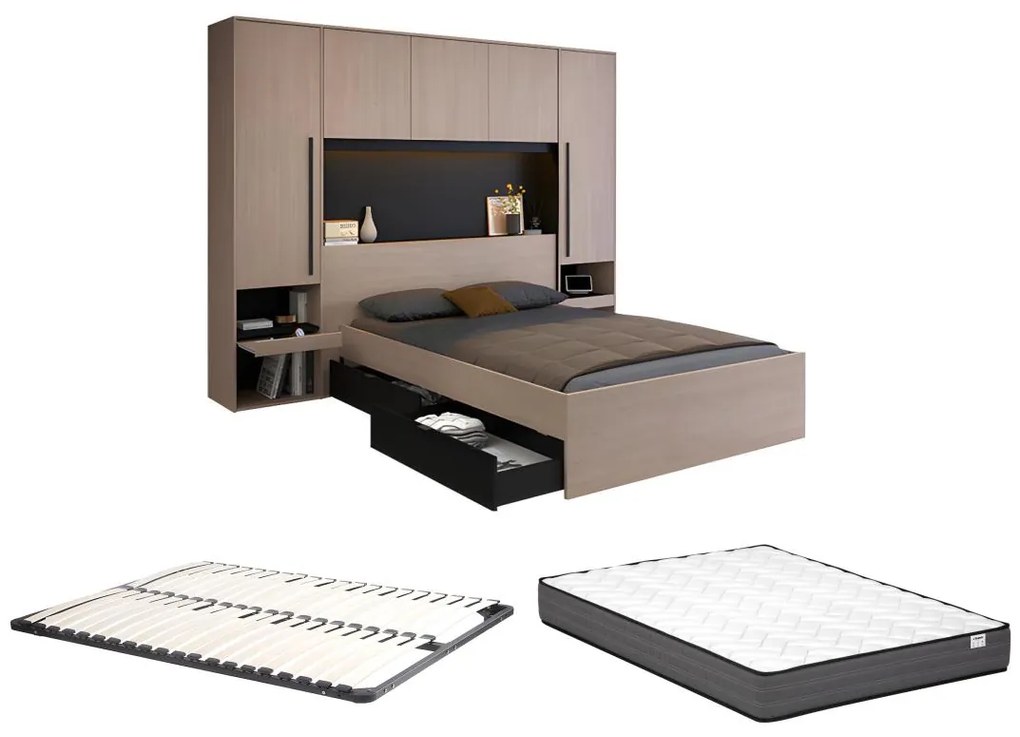 Letto con vani portaoggetti 140 x 190 cm Con LED Naturale e Nero + Rete + Materasso - VELONA