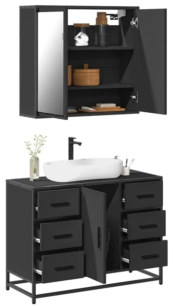 Set Mobili Da Bagno 2 Pz Nero İn Legno Multistrato /