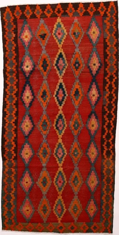 Kilim Tappeto 300 x 150 Rosso (Iran) Tessuto A Mano