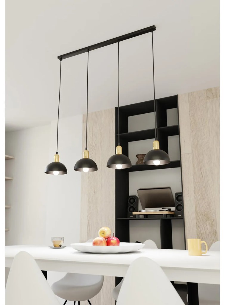 Lampadario 4 Luci Idunn In Acciaio Nero E Oro Diffusori A Cupola