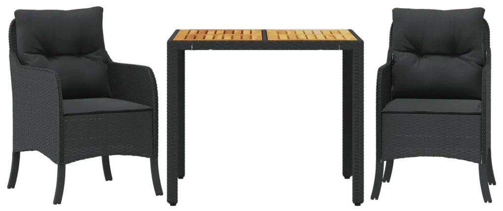 Set da pranzo da giardino 3 pz con cuscini nero in polyrattan