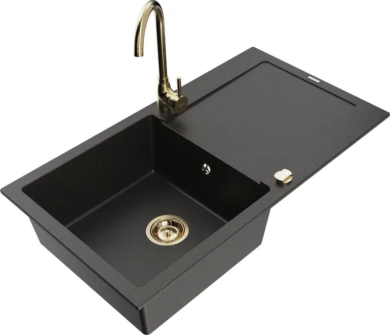 Mexen Leo lavello in granito a 1 vasca con scolapiatti e rubinetto da cucina Telma, nero/oro metallizzato - 6501-75-670200-50