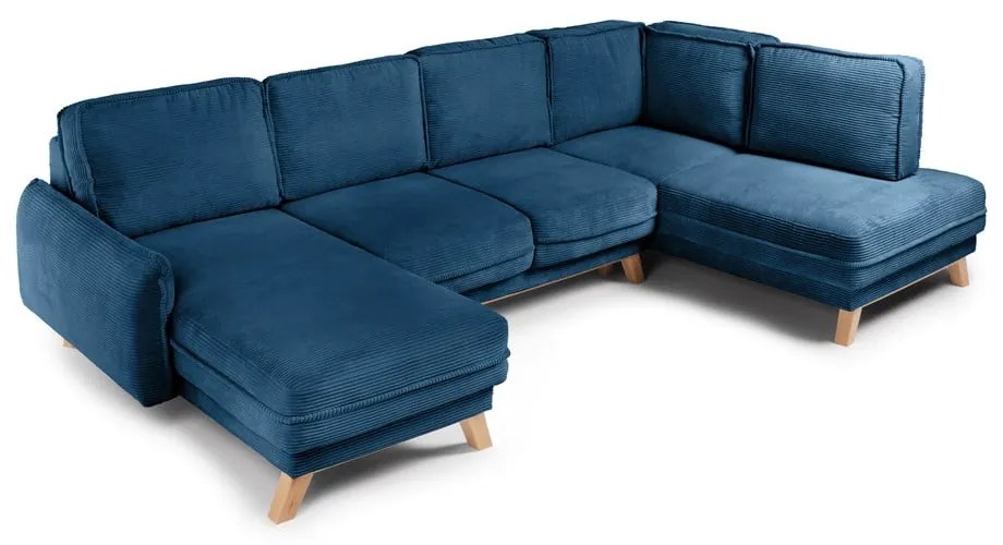 Divano angolare blu allungabile (con penisola a destra/a forma di "U") con rivestimento in velluto a coste Tori – Bonami Selection