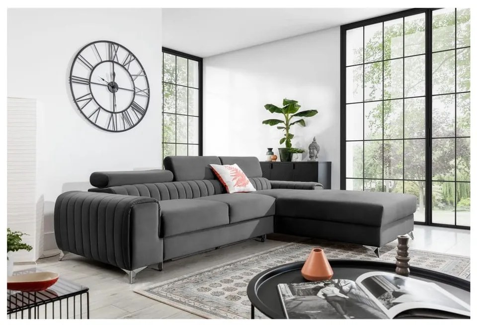 Divano angolare grigio scuro allungabile/con contenitore (con penisola a destra/con chaise lounge) e rivestimento in velluto Grayson – ELTAP