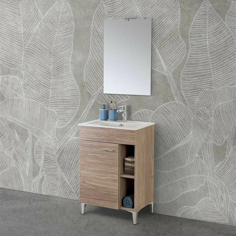 Mobile bagno a terra 60 cm rovere tropea con 1 anta lavabo e specchio Martha