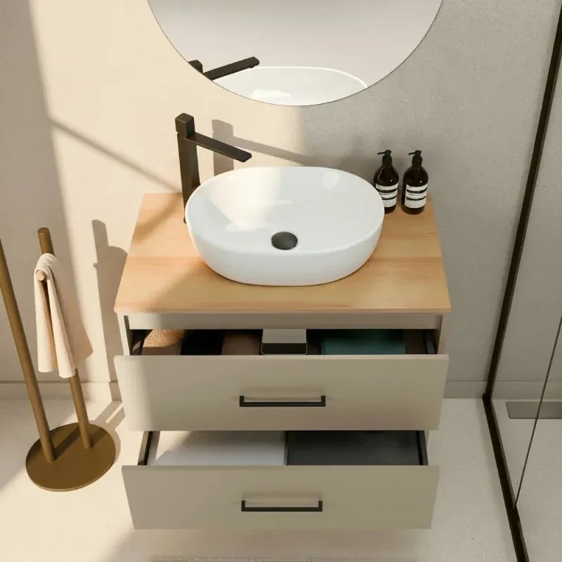 Mobile bagno sospeso 80cm tortora con due cassetti e specchio Brik