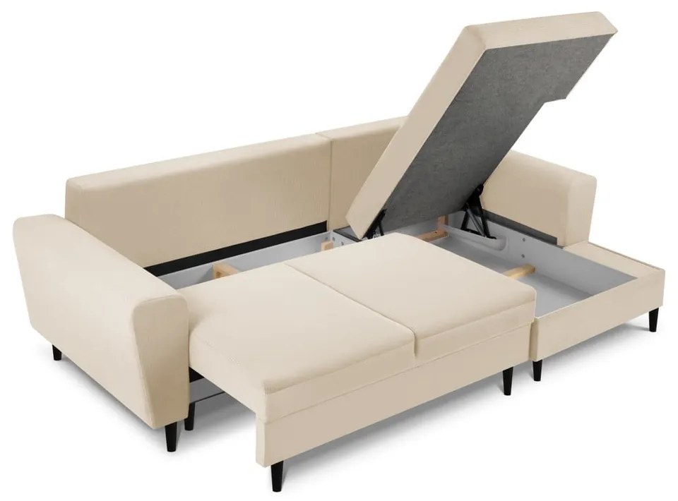 Divano angolare beige allungabile e con contenitore (con penisola a destra/con chaise lounge) con rivestimento in velluto a coste Kyoto – Cosmopolitan Design