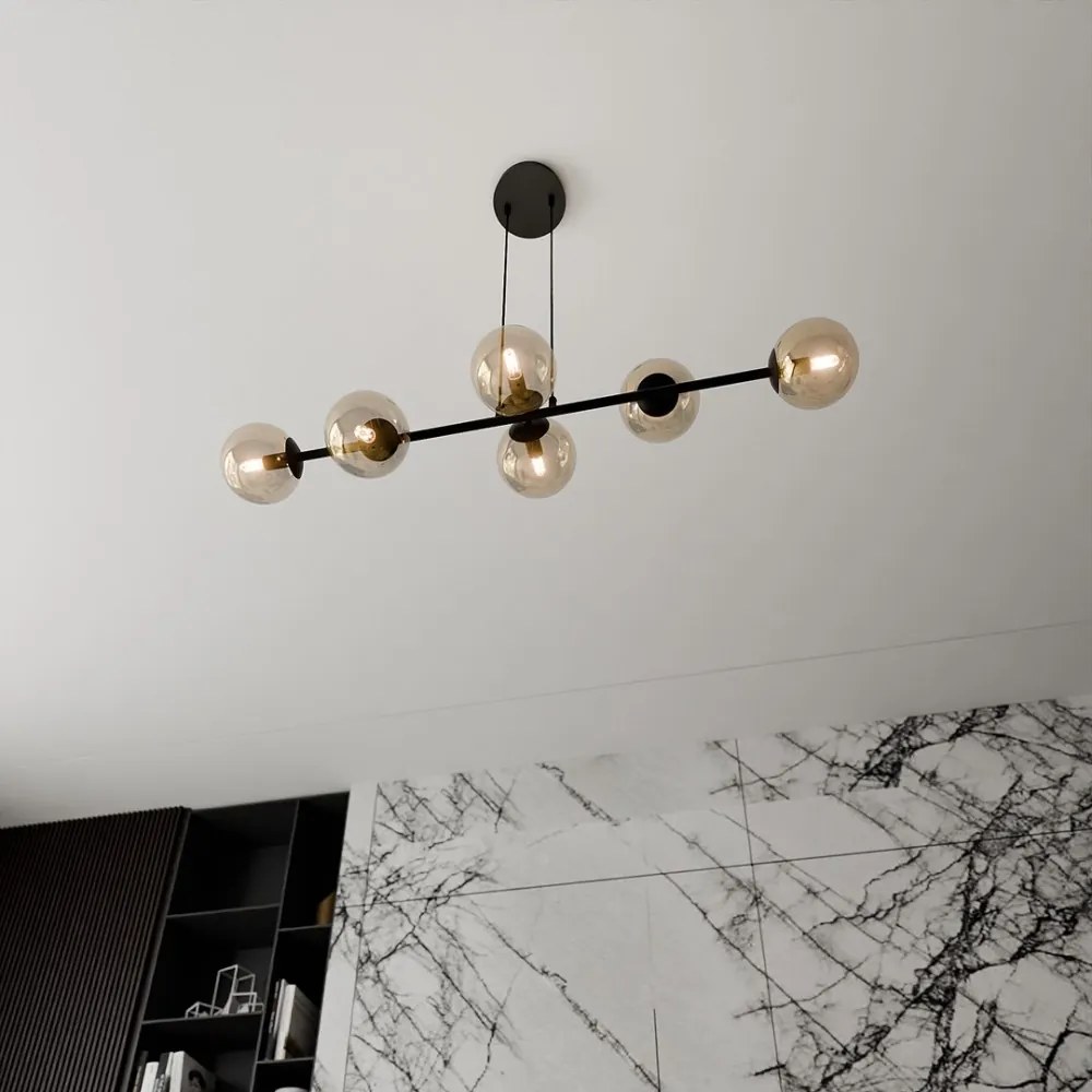 Lampadario a Sospensione in Acciaio e Vetro ROSSI 6 Nero 6xE14 Colore delle Sfere Ambrate