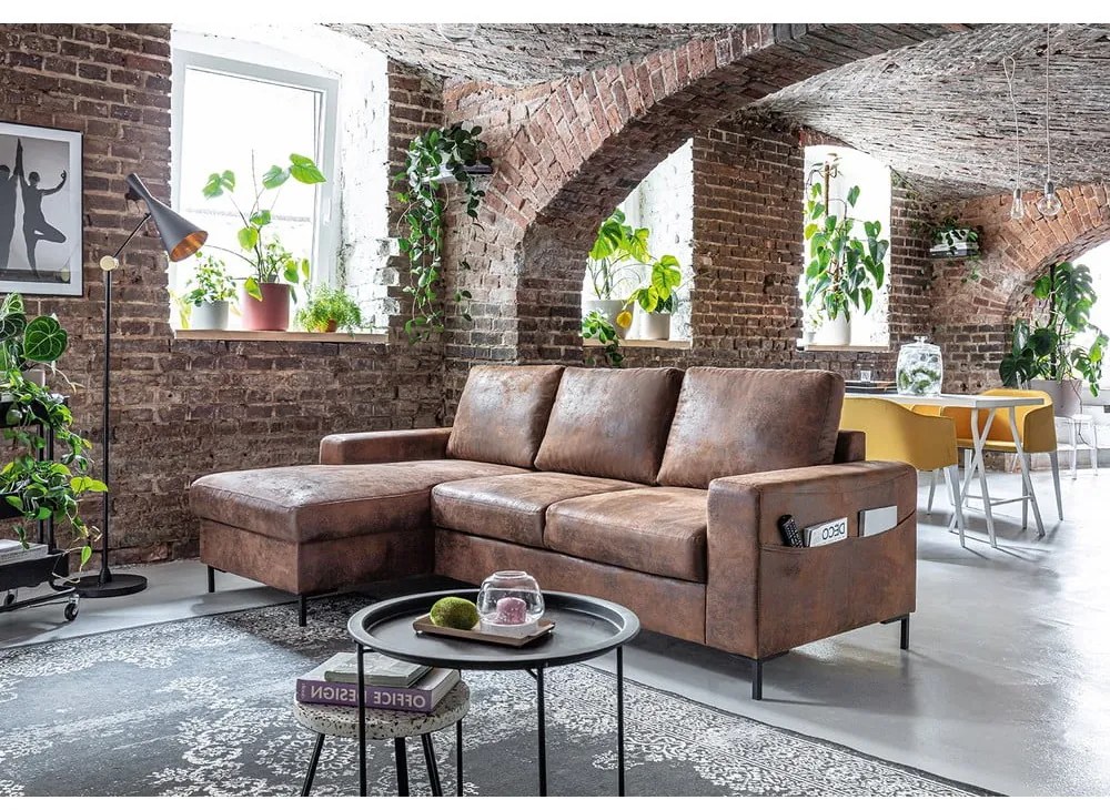 Divano letto vintage in similpelle marrone, angolo sinistro Lofty Lilly - Miuform