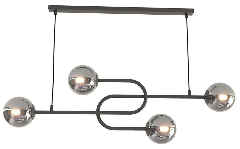 Lampadario 4 Luci Kine In Acciaio Nero E Sfere In Vetro Fumè