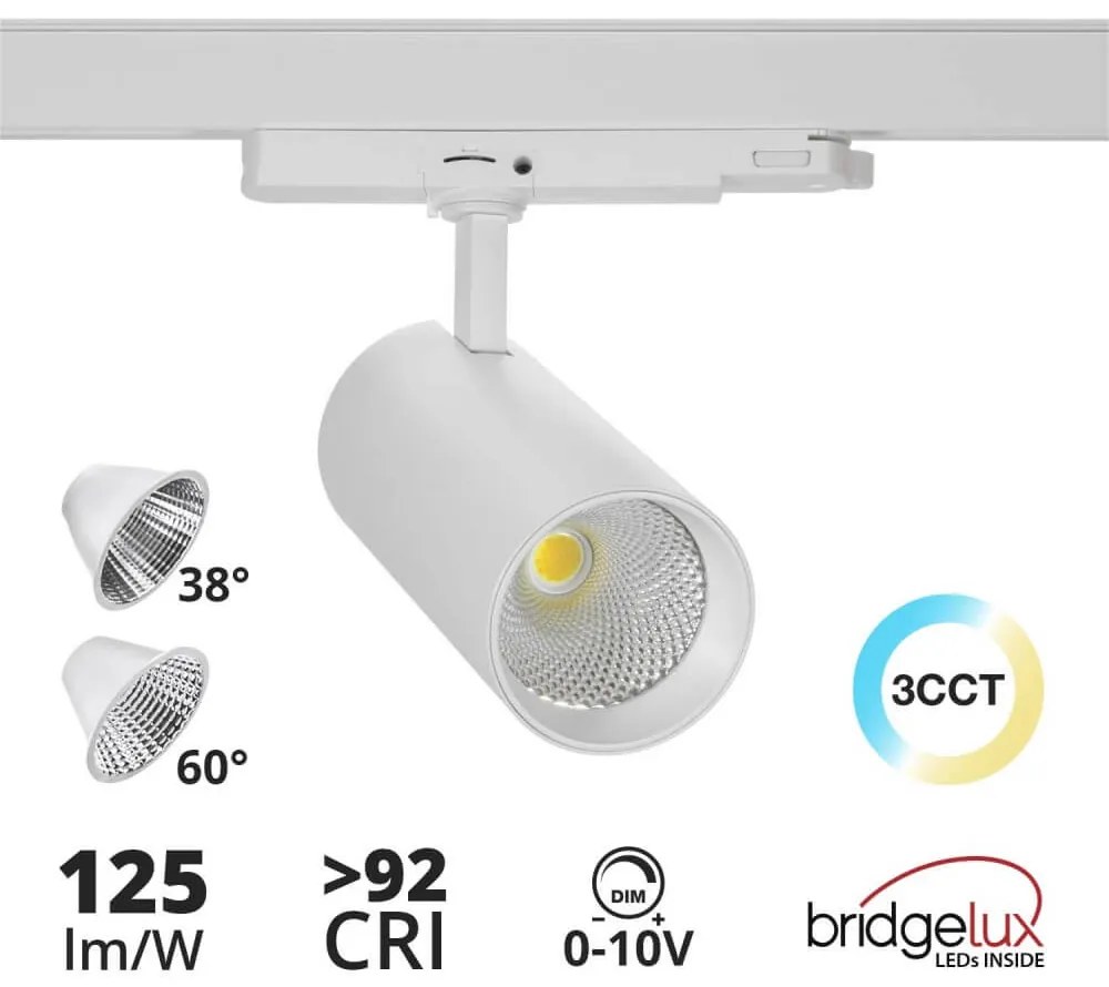 Faro LED 40W Dimmerabile 0-10V per Binario Trifase, 38/60°, Bianco, CCT Colore Bianco Variabile CCT