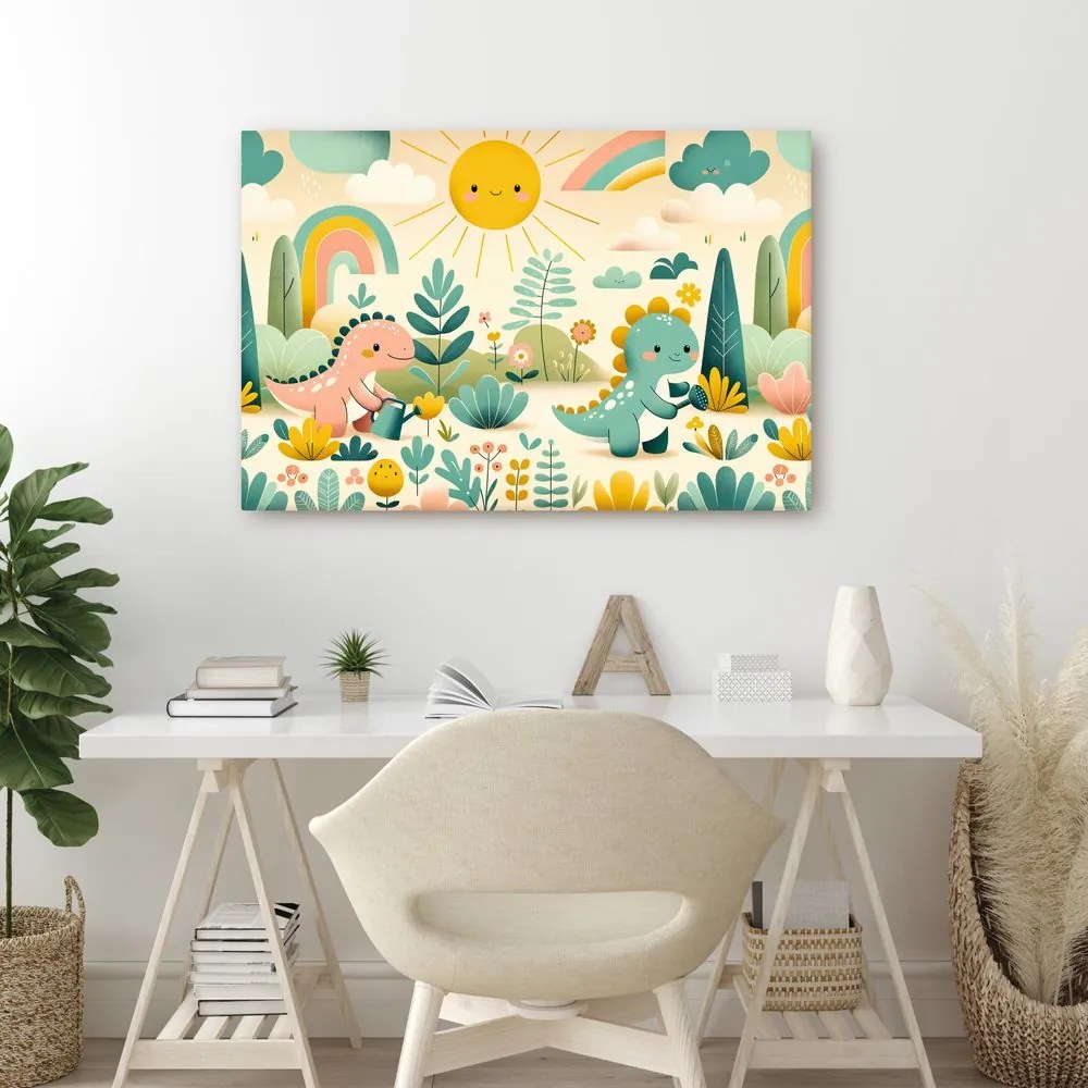 Quadro su tela – Giornata di gioco dei piccoli dinosauri nella natura