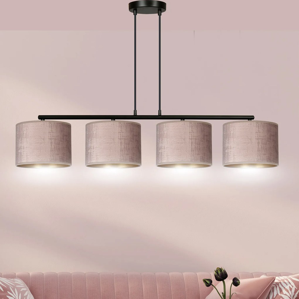 Lampadario 4 Luci Ganesha In Acciaio Nero E Paralumi In Tessuto Rosa