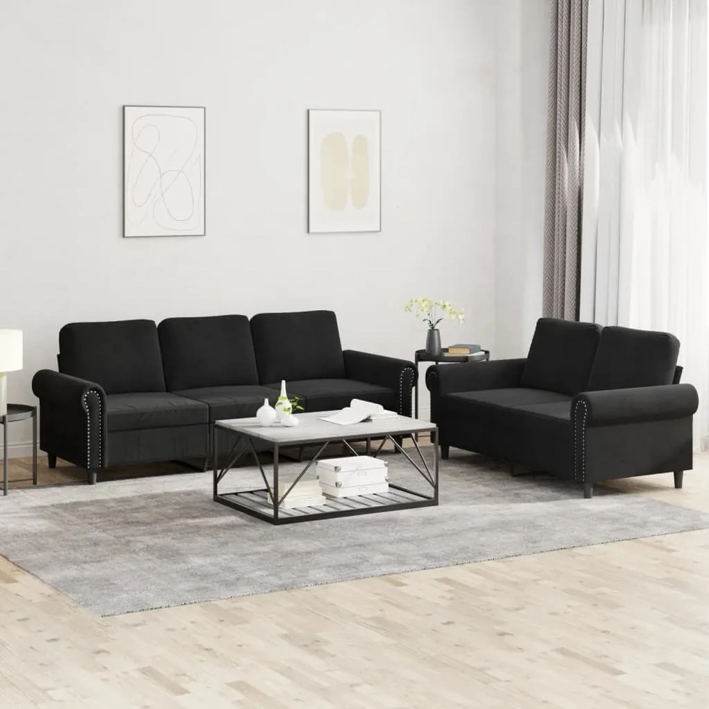 Set Di Divani 2 Pz Con Cuscini Nero İn Velluto /