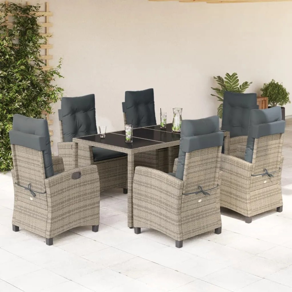 Set da pranzo da giardino 7 pz con cuscini in polyrattan grigio