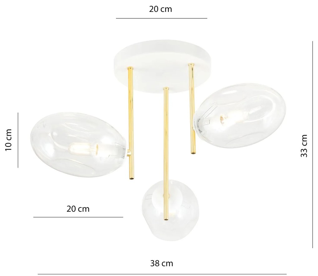 Plafoniera Contemporanea Argo 3 Luci In Acciaio Bianco E Diffusori Vetro E Oro