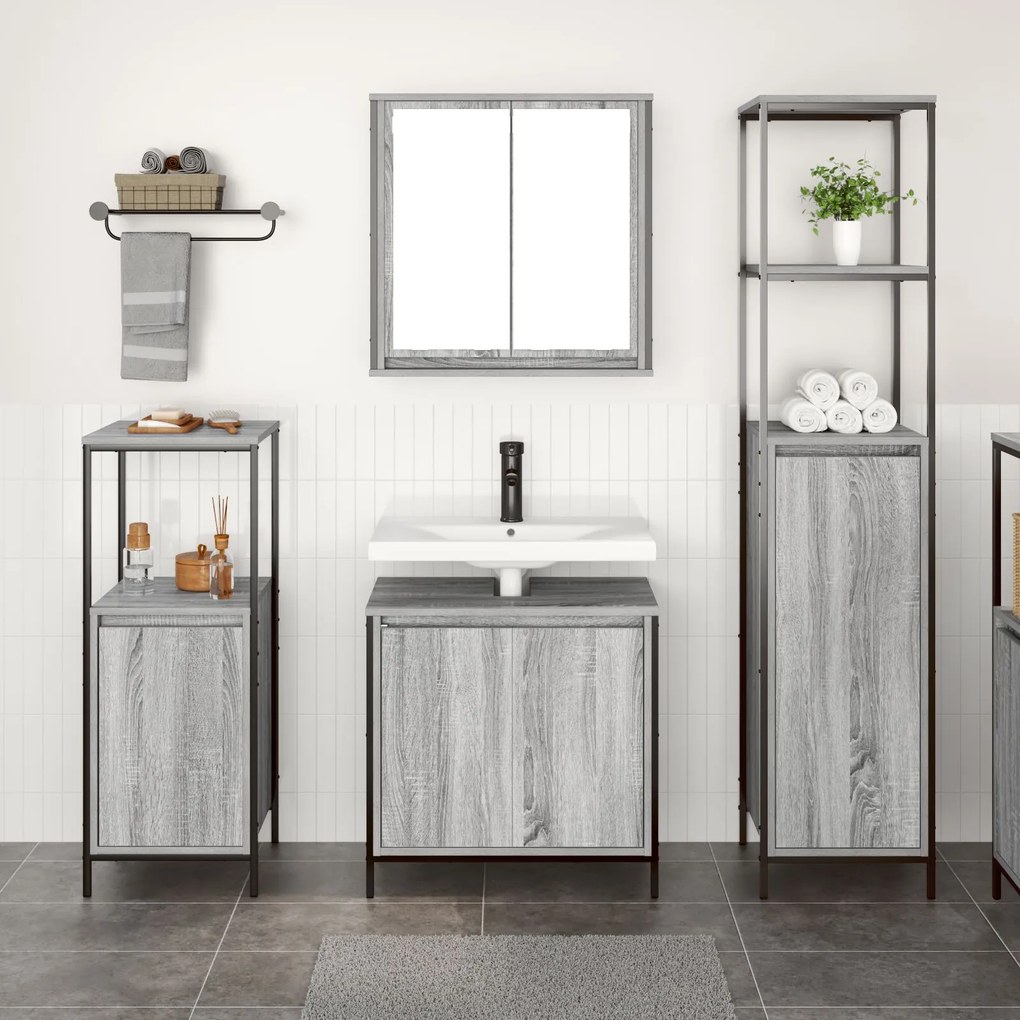 Set di mobili da bagno a 3 pezzi in legno ingegnerizzato grigio sonoma
