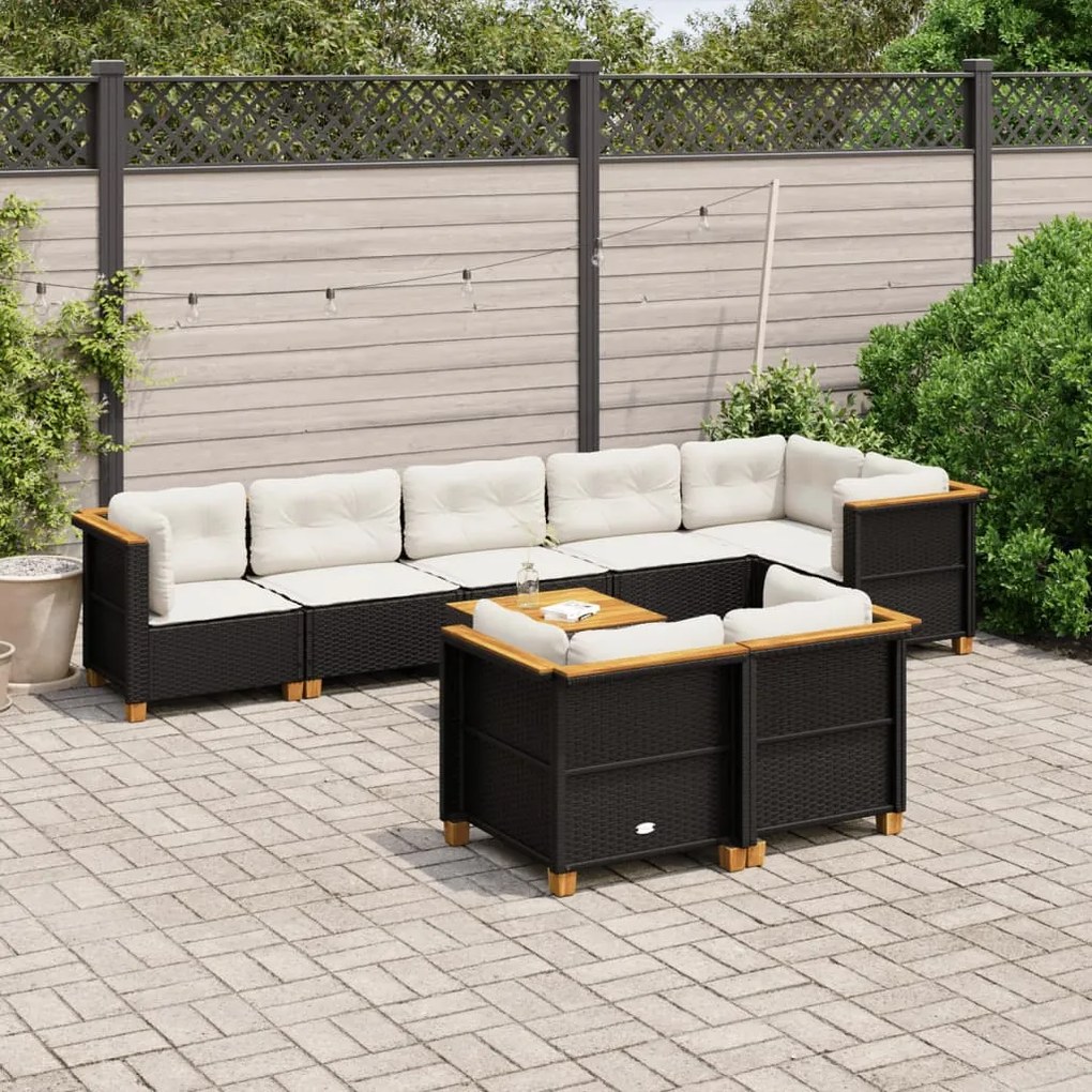 Set divani da giardino 9 pz con cuscini nero in polyrattan