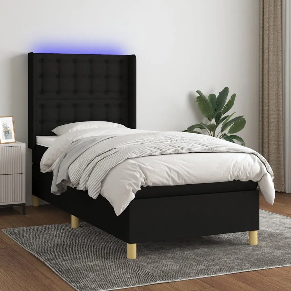 Letto A Molle Con Materasso E Led Nero 100x200 Cm İn Tessuto /