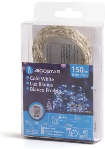 Aigostar - Catena luminosa LED da esterno 150 LED / 8 funzioni 15,3 m IP44 bianco freddo