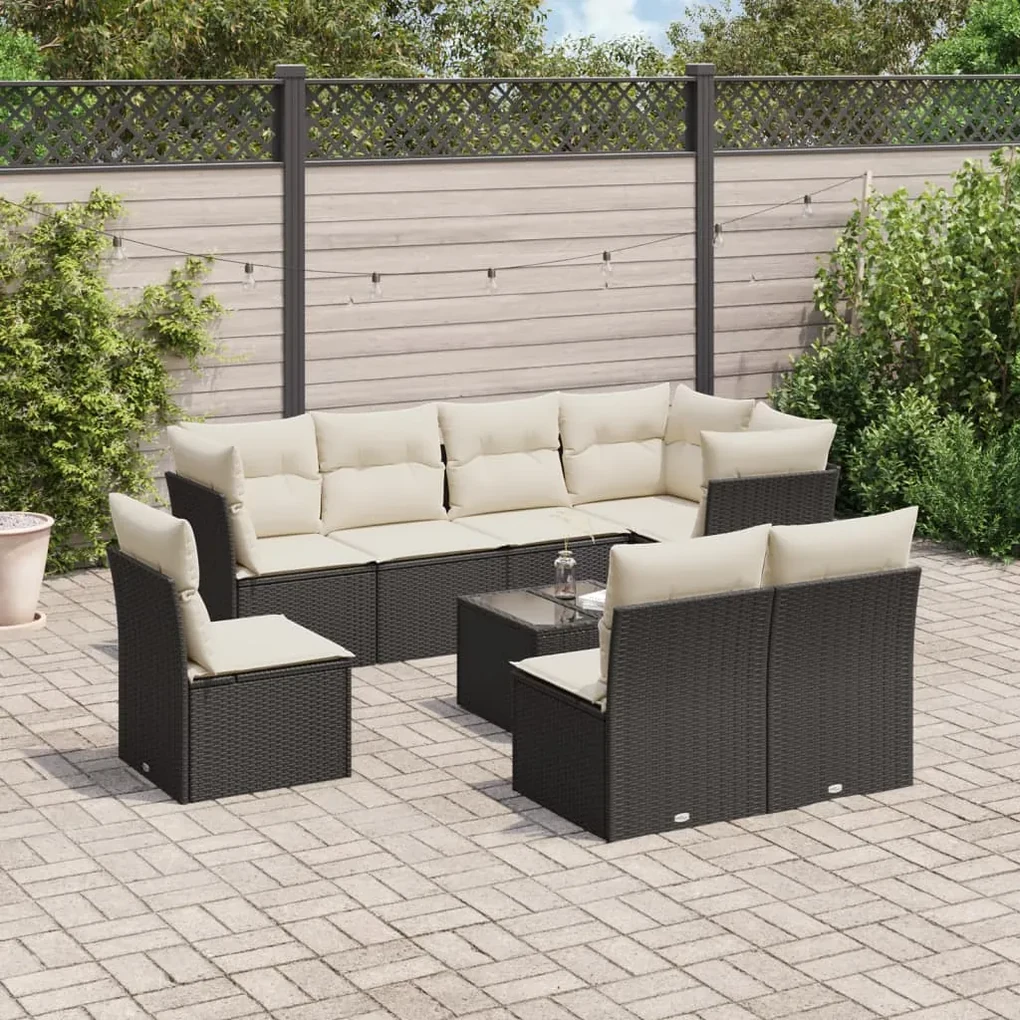 Set divani da giardino 9 pz con cuscini nero in polyrattan