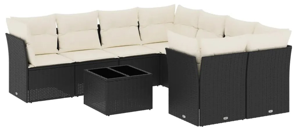 Set divani da giardino 9 pz con cuscini nero in polyrattan