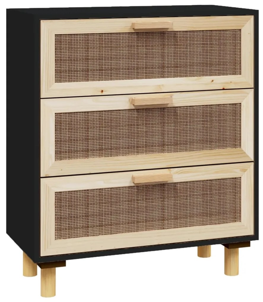 Credenza nera 60x30x70 cm legno massello pino e rattan naturale