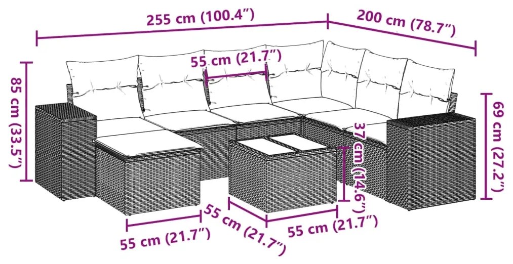 Set divani da giardino 8 pz con cuscini marrone in polyrattan