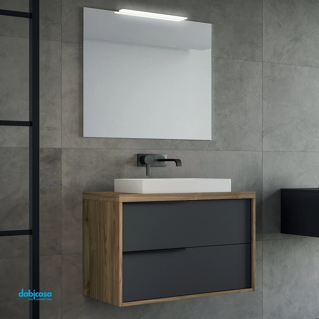 Mobile Bagno Sospeso "Iside" Da 80 Cm Composto Da Due Cassetti Lavabo E Specchio Con Lampada Led