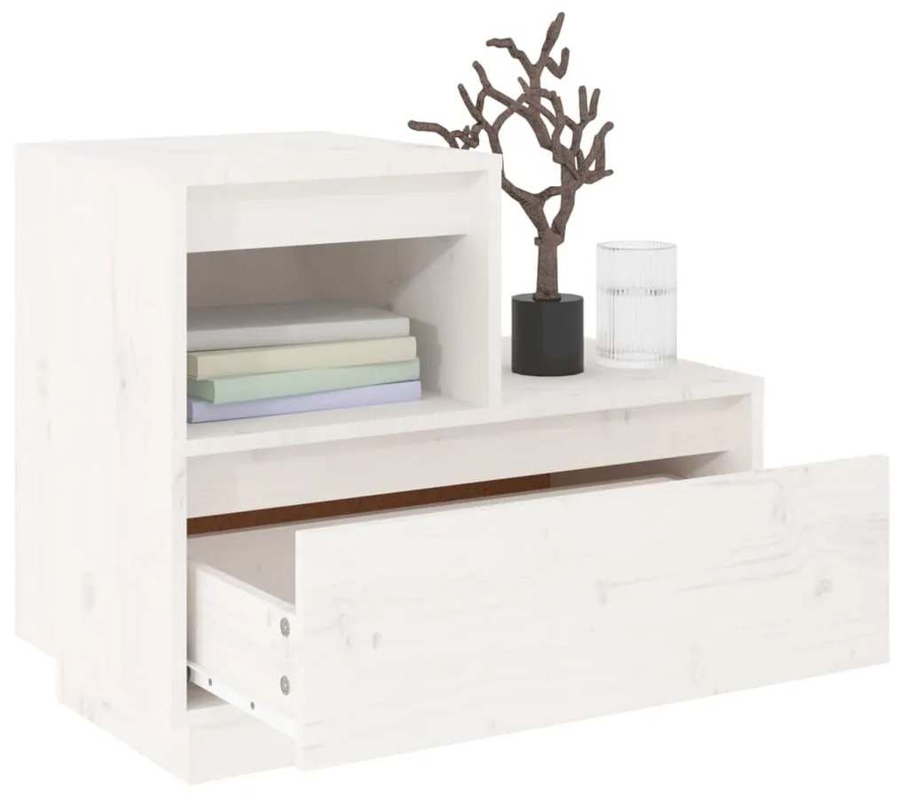 Comodino Bianco 60x34x51 cm in Legno Massello di Pino