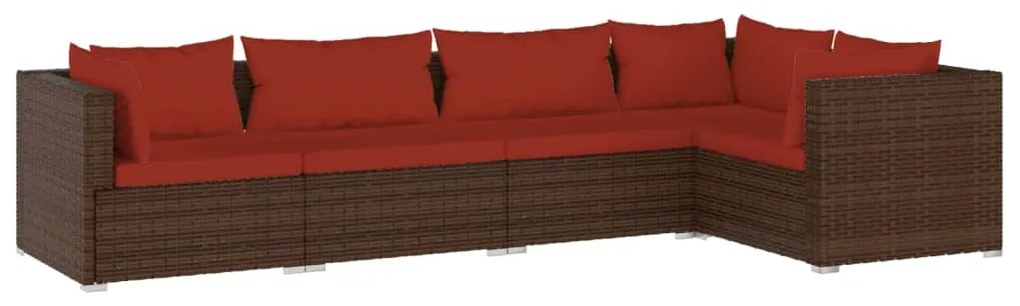 Set Divani da Giardino 5 pz con Cuscini in Polyrattan Marrone