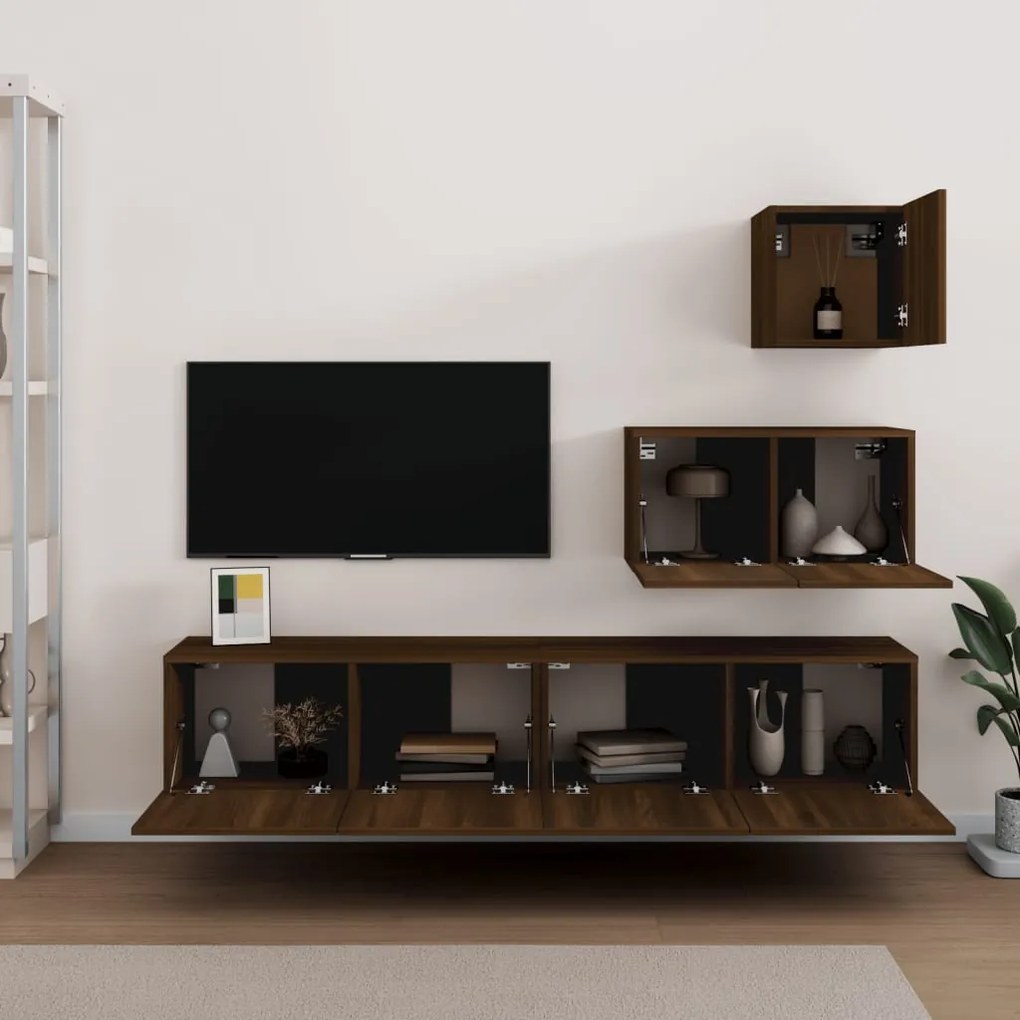 Set mobili porta tv 4 pz rovere marrone in legno multistrato