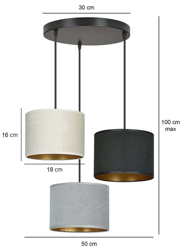 Lampadario Tondo 3 Luci Ganesha In Acciaio Nero E Paralumi In Tessuto Multicolore