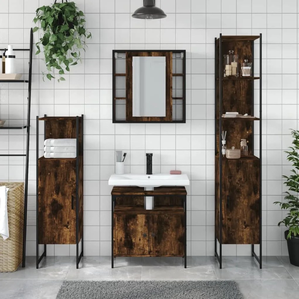 Set mobili da bagno 4 pz rovere fumo in legno multistrato