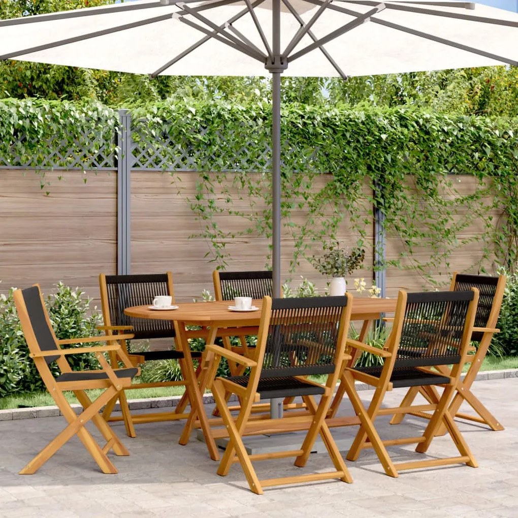 Set pranzo da giardino 7 pz nero polipropilene e legno massello