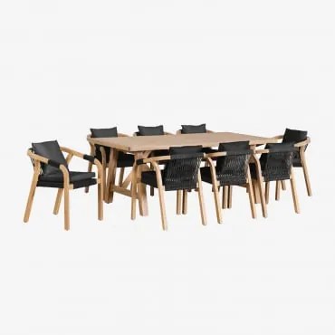 Set Di Tavolo Rettangolare (200x100 Cm) E 8 Sedie Da Pranzo In Legno Di Acacia Dubai Grigio Grafite & Acacia Rustica Marrone - Sklum
