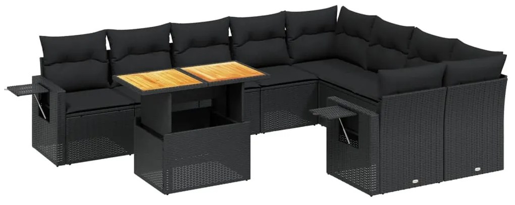 Set divani da giardino 10pz con cuscini in polyrattan nero