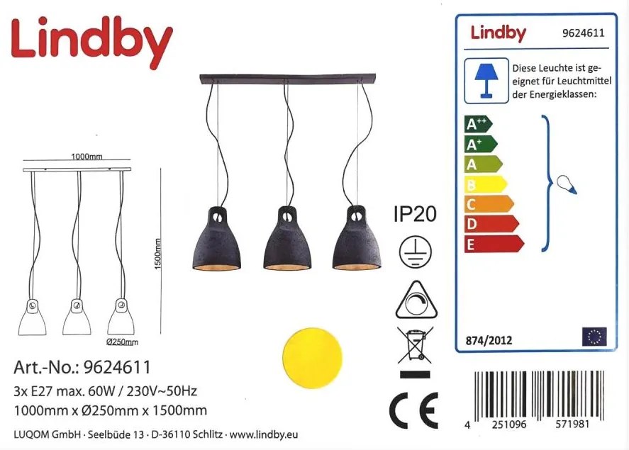 Lindby - Lampadario a sospensione con filo IBU 3xE27/60W/230V