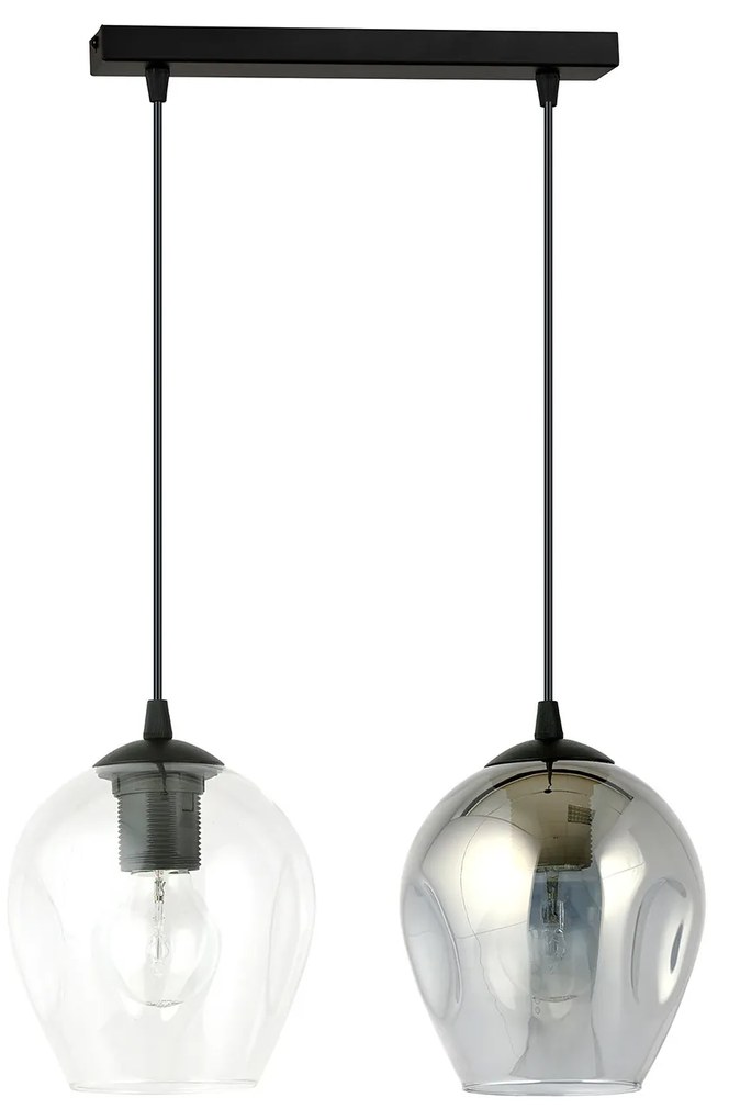 Lampadario 2 Luci Fuxi In Acciaio Nero E Vetri Fumè E Trasparente