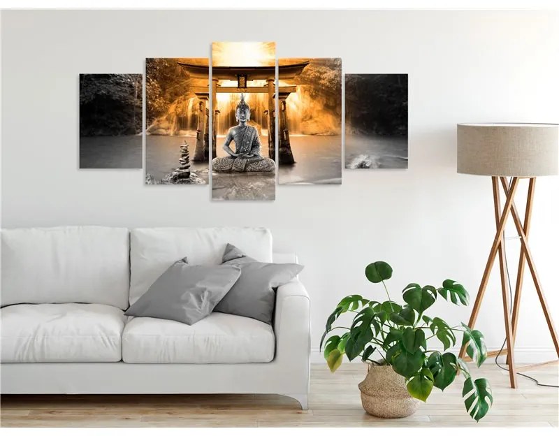 Quadro Buddha Smile (5 Parts) Wide Orange  Colore Arancione, Dimensioni e Misure 100x50