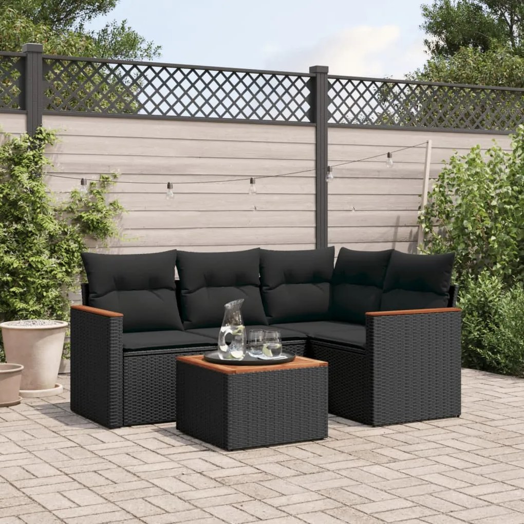 Set divani da giardino 5 pz con cuscini in polyrattan nero