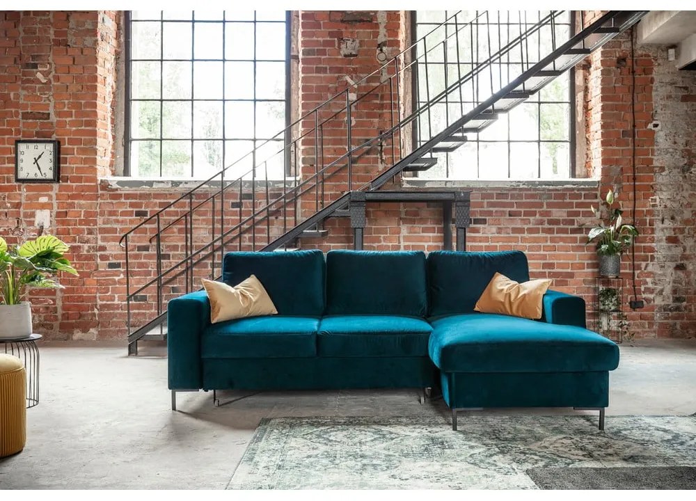 Divano letto angolare in velluto color petrolio (angolo destro) Lofty Lilly - Miuform