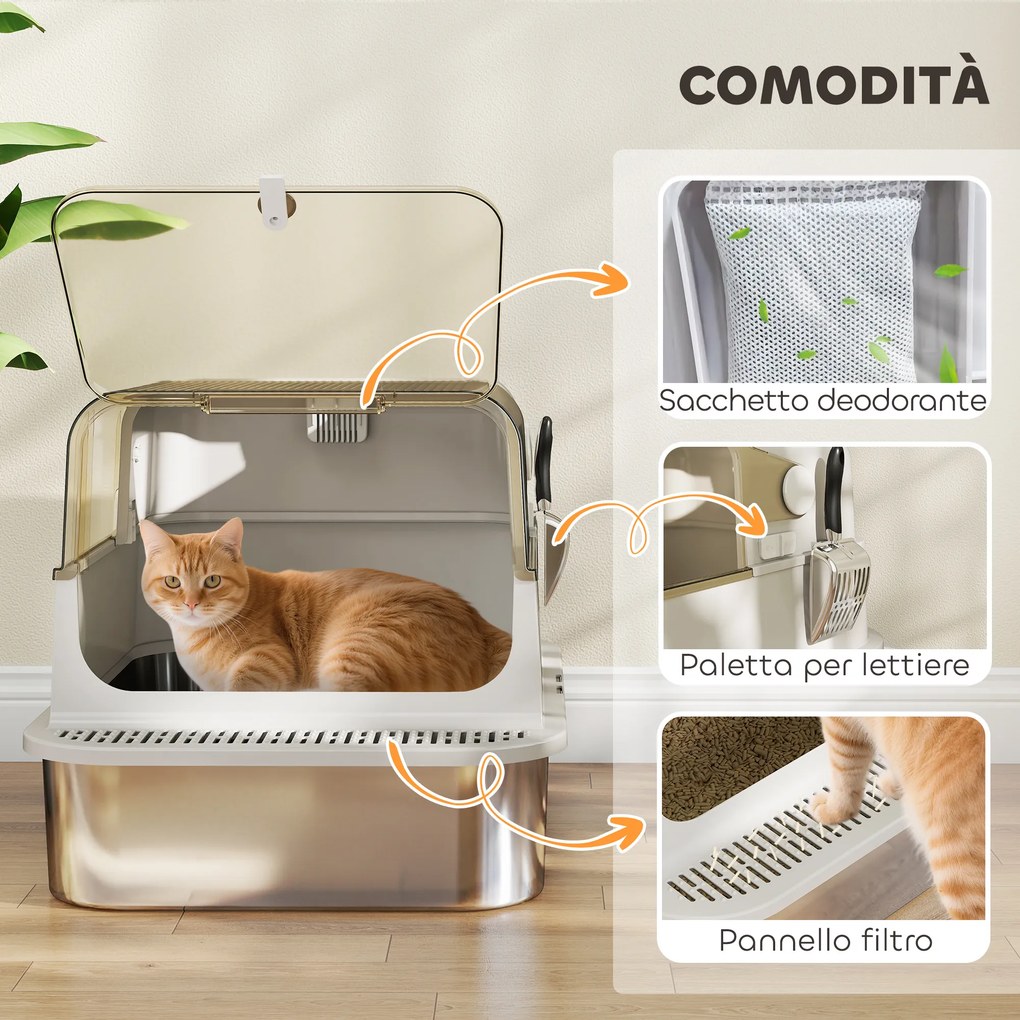 Lettiera Chiusa per Gatti XXL a 2 Porte 70x50x46,5 cm Vaschetta in Acciaio Inox Grigio...