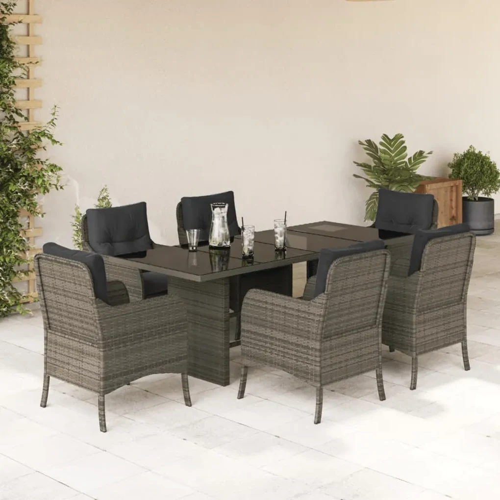 Set da pranzo da giardino 7 pz con cuscini in polyrattan grigio