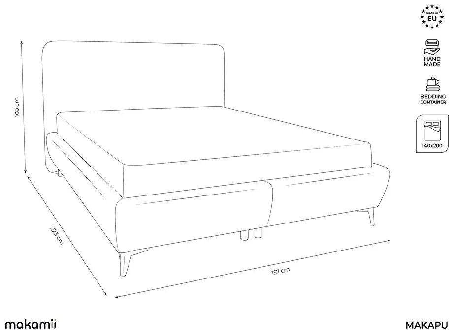 Letto matrimoniale imbottito grigio chiaro con contenitore con rete inclusa 140x200 cm Makapu – Makamii